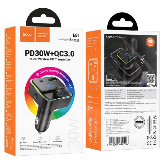 إرسال الصوت عبر بلوتوث E81 Fantasy PD30W + QC3.0 للسيارة