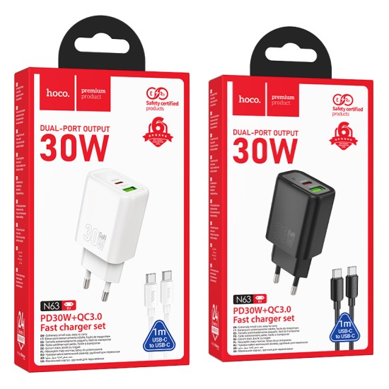 مجموعة شاحن N63 جنتل PD30W+QC3.0 (C إلى C) (EU)